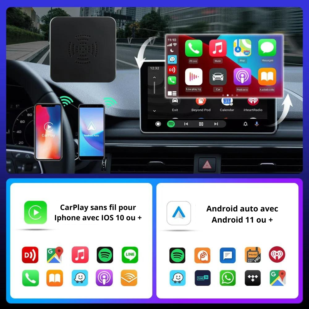 Boitier CarPlay et Android auto sans fil